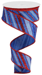 1.5"x10yd Multi Diagonal Glitter Stripes On Royal Burlap, Royal Blue/Red/Blue/White  MA37