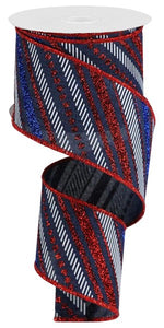 2.5"x10yd Diagonal Glitter Stripes On Royal Burlap, Navy Blue/Red/Blue/White  MA36