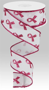 1.5"x10yd Glitter Breast Cancer, White/Hot Pink  MA51