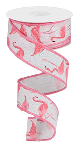 1.5"x10yd Glitter Flamingos On Royal Burlap, White/Pink  B92