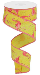 1.5"x10yd Glitter Flamingos On Royal Burlap, Yellow/Pink  MA50