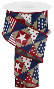 2.5"x10yd Patriotic Patchwork On Royal, Light Beige/White/Red/Blue  MY58