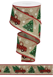 2.5"x10yd Merry Christmas w/Truck On Royal Burlap, Light Beige/Red/Green/Black/White  O10