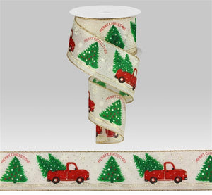 2.5"x10yd Merry Christmas w/Truck, Ivory/Red/Green/Black/White  O10