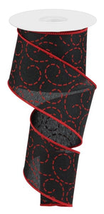 2.5"x10yd Dashed Swirls On Linen, Black/Red B90