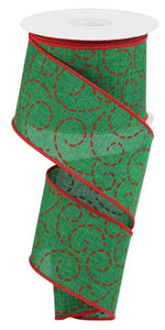 2.5"x10yd Dashed Swirls On Linen, Emerald Green/Red  B90 AP9