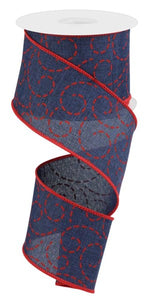 2.5"x10yd Dashed Swirls On Linen, Navy Blue/Red B89