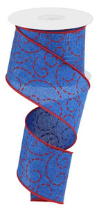 2.5"x10yd Dashed Swirls On Linen, Royal Blue/Red B89