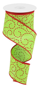 2.5"x10yd Dashed Swirls On Linen, Lime Green/Red B89