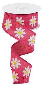 1.5"x10yd Daisy On Royal Burlap, Hot Pink/White/Yellow  MY38