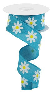1.5"x10yd Daisy On Royal, Turquoise/White/Yellow  MY16