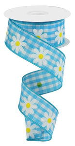 1.5"x10yd Daisy On Woven Gingham, Light Blue/White/Yellow  MY25
