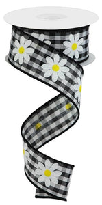 1.5"x10yd Daisy On Woven Gingham, Yellow/Black/White  MY25