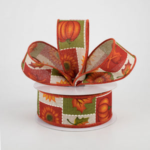 1.5"x10yd Pumpkin/Sunflower/Maple Leaf on Royal Burlap, Light Natural/Orange/Rust/Green  J13