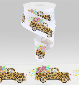 2.5"x10yd Leopard Truck w/Flowers On Royal Burlap, White/Pale Pink/Dark Gold/Brown/Yellow/Black/White/Yellow/Blue  B31 MA49