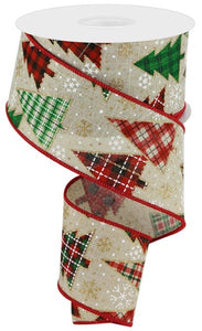2.5"x10yd Christmas Trees w/Snowflakes On Royal Burlap, Light Natural/Red/Green/Gold  FF39