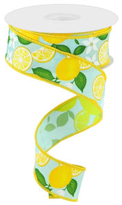 1.5"X10yd Lemon W/Leaves/Flowers, Soft Turquoise/Yellow/Green  MY59
