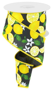 2.5"X10yd Lemon W/Leaves/Flowers, Black/Yellow/Green/White  B114