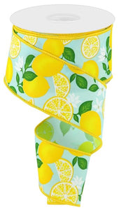 2.5"X10yd Lemon W/Leaves/Flowers, Soft Turquoise/Yellow/Green/White  B113