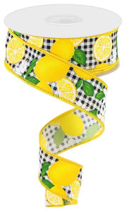 1.5"xLemon W/Leaves And Flowers On Check, White/Black/Yellow/Green  B109