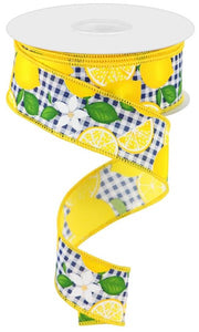 1.5"X10yd Lemon W/Leaves And Flowers On Check, White/Navy/Yellow/Green  B112