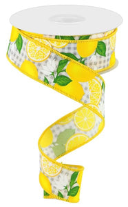 1.5"X10yd Lemon W/Leaves And Flowers On Check, White/Light Grey/Yellow/Green  B111