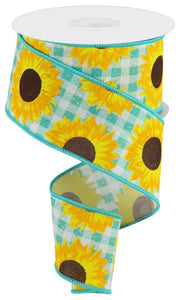 2.5"x10yd Sunflower On Faux Royal, Light Teal/Yellow/Orange/Brown  FF81