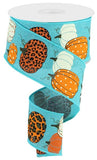 2.5"X10yd Leopard Pumpkins On Royal Burlap, Turquoise/Cream/Orange/Brown  MY30