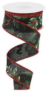 1.5"x10yd Winter Foliage On Royal Burlap, Black/Sage Green/Red/White  M41