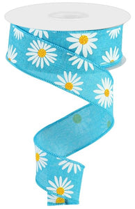 1.5"x10yd Daisy On Royal Burlap, Turquoise/White/Yellow/Orange  MY63