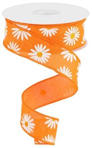 1.5"x10yd Daisy On Royal Burlap, New Orange/White/Yellow  MY15
