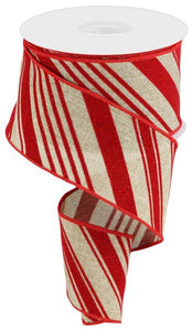 2.5"x10yd Glitter Velvet Diagonal Stripes On Royal Burlap, Beige/Red  B100