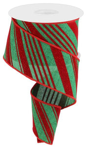 2.5"x10yd Glitter Velvet Diagonal Stripes On Royal Burlap, Emerald Green/Red  B101