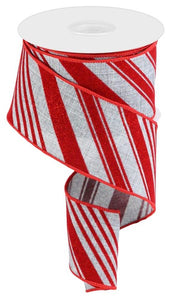 2.5"X10yd Glitter Velvet Diagonal Stripes On Royal Burlap, Grey/Red  B101