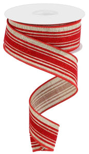 1.5"x10yd Glitter Velvet Diagonal Stripes On Royal Burlap, Beige/Red  B103