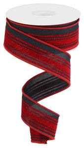 1.5"x10yd Glitter Velvet Vertical Lines, Black/Red  J68