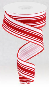 1.5"x10yd Glitter Velvet Diagonal Stripes On Royal Burlap, White/Red  MY62