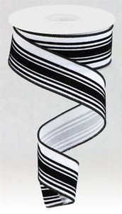 1.5"x10yd Velvet Vertical Lines, White/Black  B6