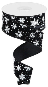 1.5"x10yd Mini Snowflake On Velvet, Black/White  SE2