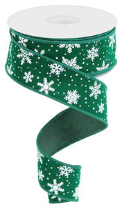 1.5"x10yd Mini Snowflake On Velvet, Emerald Green/White  FB2