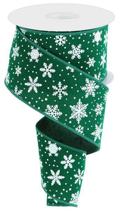 2.5"x10yd Mini Snowflake On Velvet, Emerald Green/White  FF45