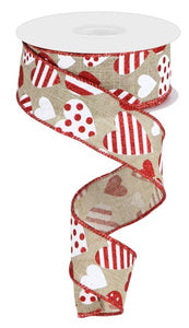 1.5"x10yd Valentine Hearts On Royal, Beige/White/Red  FF15
