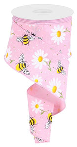 2.5"x10yd Bumblebee Bee w/Daisy On Royal Burlap, Light Pink/White/Yellow/Green/Orange/Black  MY57