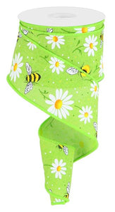 2.5"x10yd Bumblebee Bee w/Daisy On Royal Burlap, Lime Green/White/Yellow/Green/Orange/Black  MY51