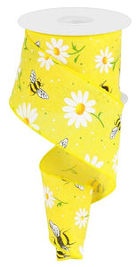 2.5"x10yd Bumblebee Bee w/Daisy On Royal Burlap, Yellow/White/Green/Orange/Black  MY56