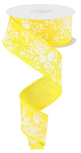1.5"x10yd Mini Rose On Royal Burlap, Yellow/White  J63