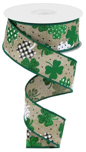 1.5"x10yd Patterned Glitter Shamrocks, Light Beige/Green/Emerald Green/White/Black  MY24