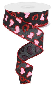 1.5"x10yd Heart Leopard Spots On Royal, Black/Light Pink/Red  B103