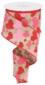2.5"x10yd Hand Drawn Hearts On Royal Burlap, Light Beige/Red/Hot Pink/Light Pink  FF24