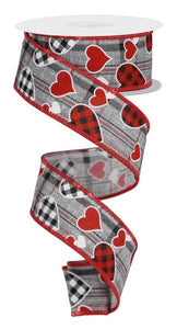 1.5"x10yd Check Heart/Mini Heart/Plaid, Grey/Black/Red/White  FB11